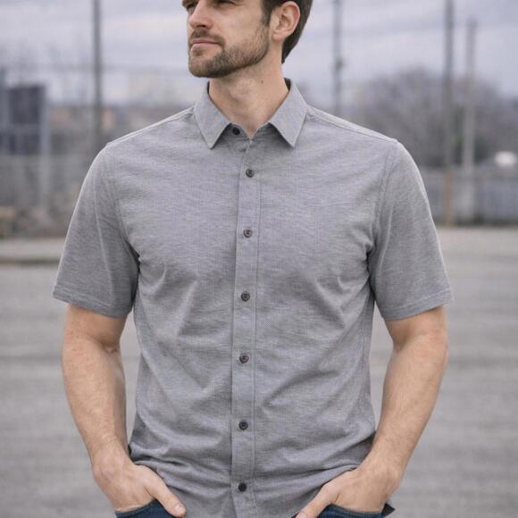 Kit & Ace Grey Short Sleeve Button-Up Shirt Mens Small Medium Slim Fit - Picture 4 of 7